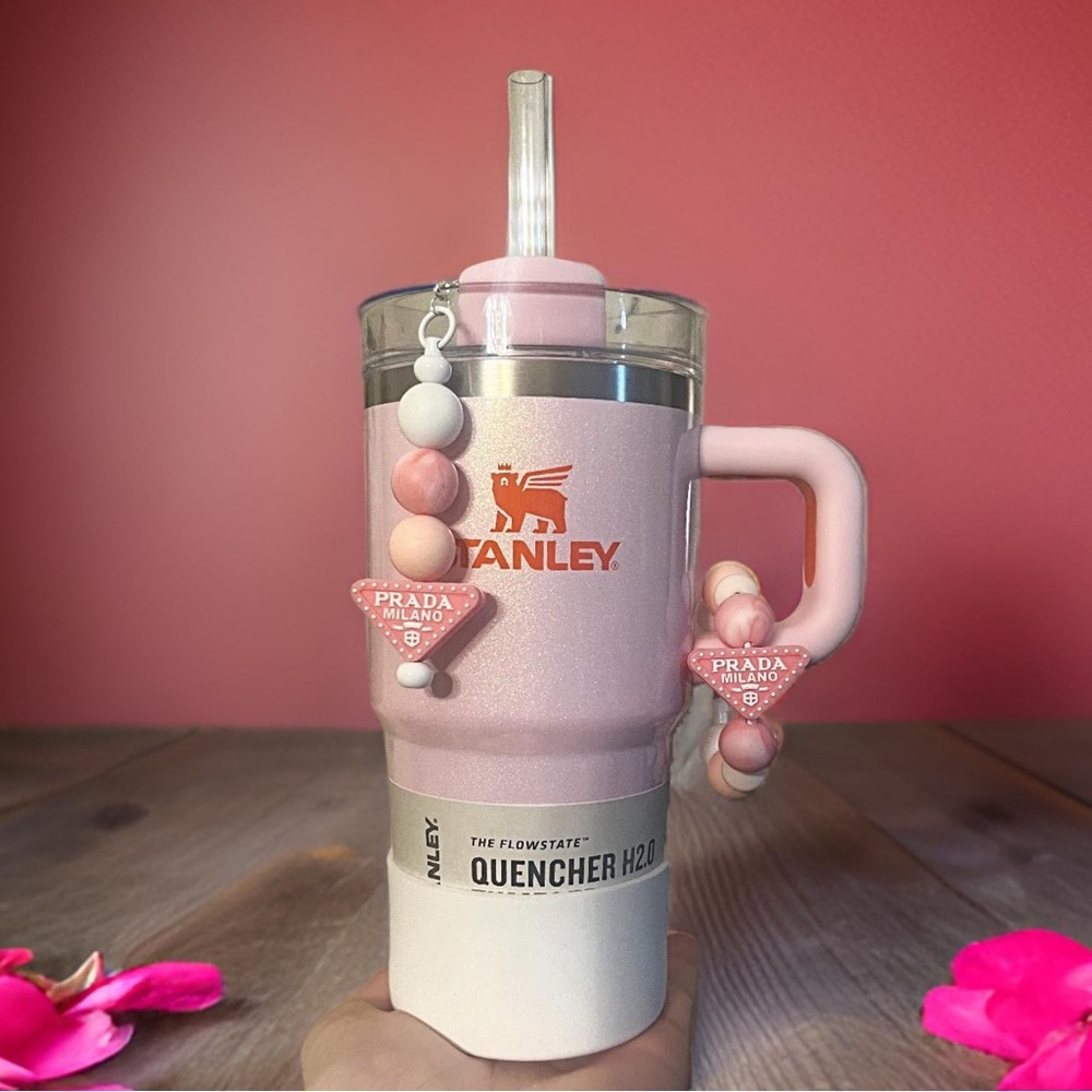 Prada themed Pink Petal Shimmer Stanley Quencher 20 oz